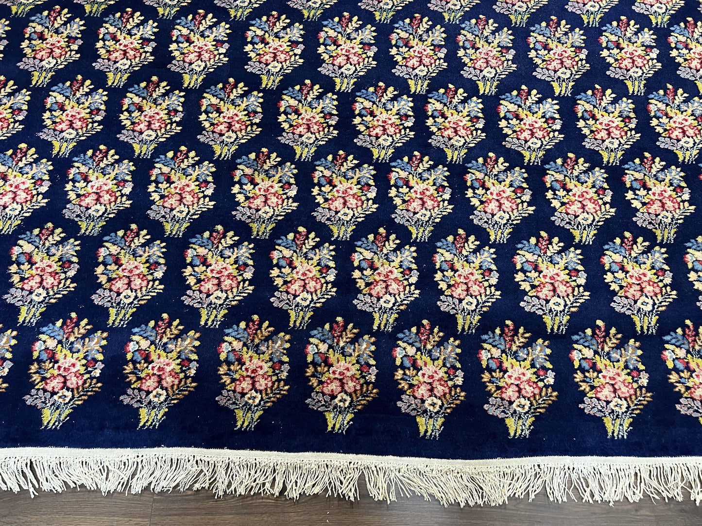 Persian Rug 9x12, Authentic Hand Knotted Carpet, Repeated Floral Motif Garden of Eden, Navy Blue Wool Rug 9 x 12, Semi Antique Kirman Rug - Nuvé