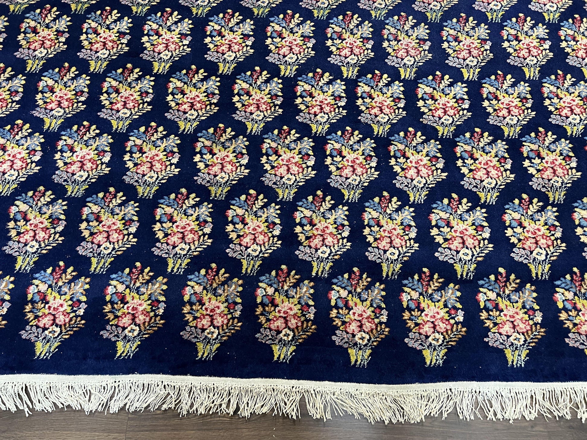 Persian Rug 9x12, Authentic Hand Knotted Carpet, Repeated Floral Motif Garden of Eden, Navy Blue Wool Rug 9 x 12, Semi Antique Kirman Rug - Nuvé