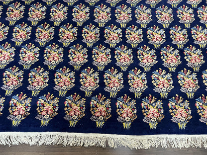 Persian Rug 9x12, Authentic Hand Knotted Carpet, Repeated Floral Motif Garden of Eden, Navy Blue Wool Rug 9 x 12, Semi Antique Kirman Rug - Nuvé