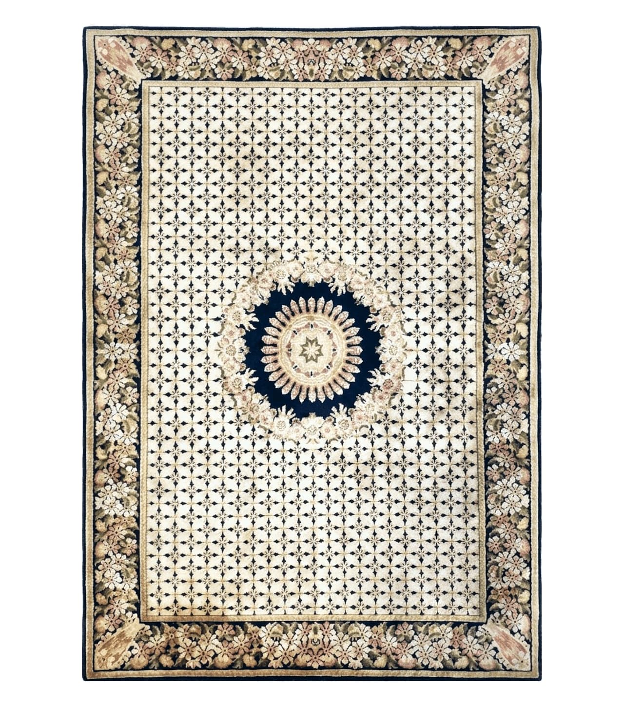 Indian Rug with Tibetan Weave, 6x8 - 6x9 Rugs, Indo-Tibetan Rug, Black and Cream Beige Tan, Floral Border, Soft Rug, Handmade Area Rug, Wool