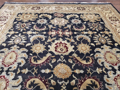 Indo Mahal Rug 8x12, Indian Sultanabad Handmade Area Rug, Vintage Hand-Knotted Wool Black Floral Traditional Oriental Dinning Room Rug - Nuvé