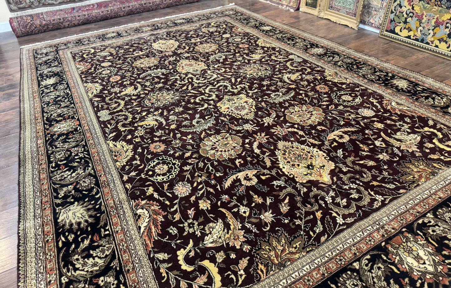 Indo Persian Rug 10x14, Floral Allover, Handmade Vintage Wool Rug, Dark Maroon/Plum and Black - Nuvé