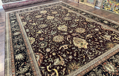 Indo Persian Rug 10x14, Floral Allover, Handmade Vintage Wool Rug, Dark Maroon/Plum and Black - Nuvé
