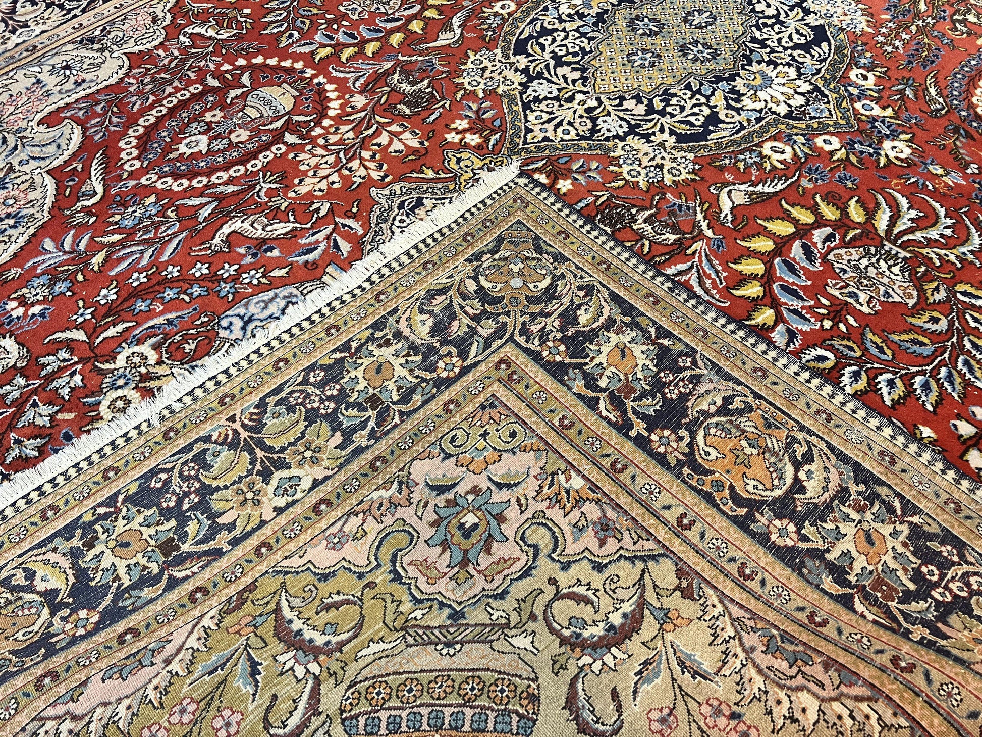 Wonderful Persian Qum Rug 10x14, Wool w/ Silk Highlights, Hand Knotted Semi Antique Vintage Carpet, Red, Floral, Fine Weave, Birds Deer Pictorials - Nuvé