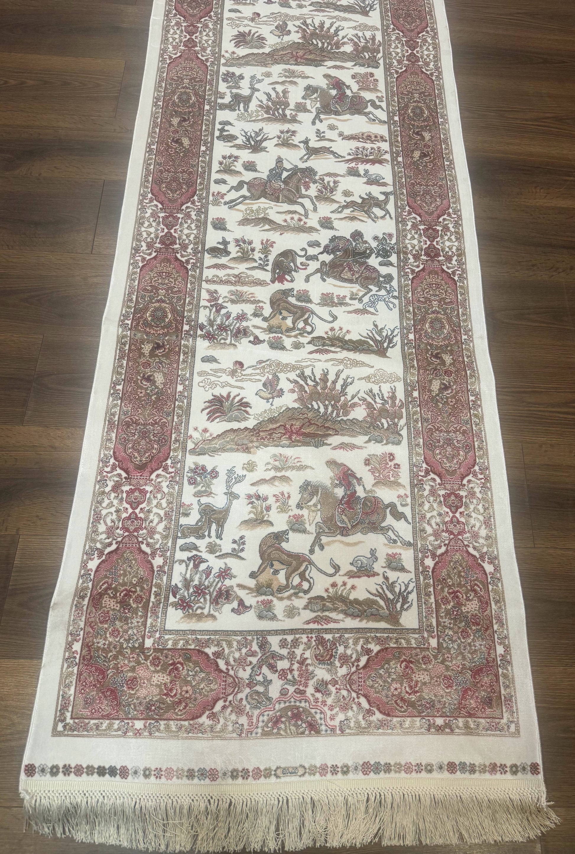 Long Turkish Silk Runner Rug 2.6 x 16.5, Hunting Design, Ivory, Bamboo Silk, New - Nuvé