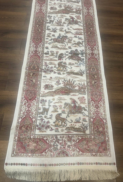 Long Turkish Silk Runner Rug 2.6 x 16.5, Hunting Design, Ivory, Bamboo Silk, New - Nuvé