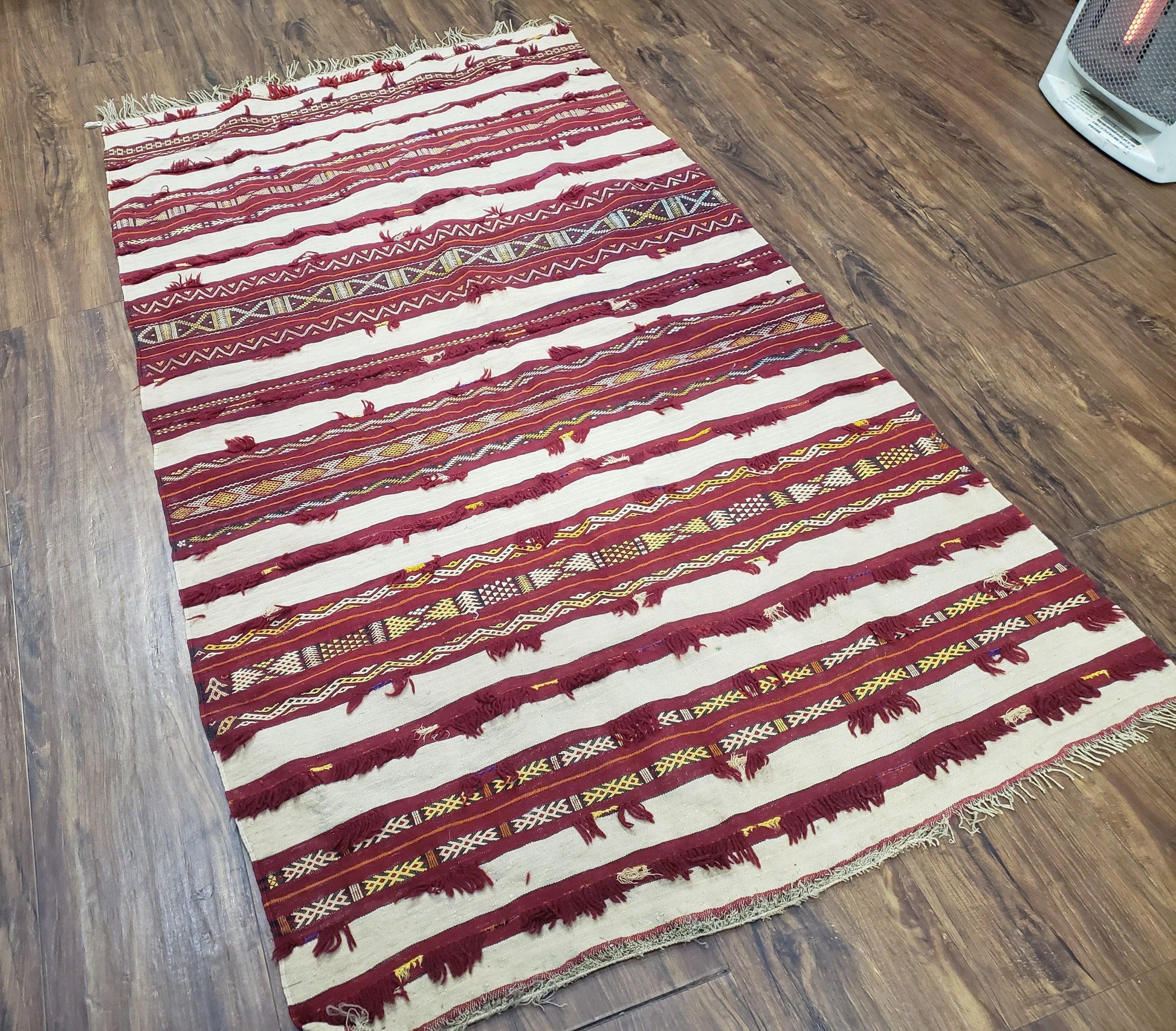 Antique Turkoman Yamud Rug 3x5 ft, 1920s Turkmen Sofreh Table Cover, Bohemian Rug, Tribal Collectible, Striped Rug, Handmade Ivory and Red - Nuvé