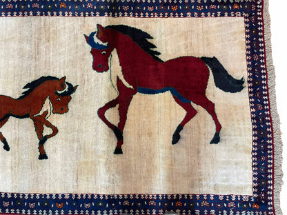3.5 X 5 Handmade Hand-Knotted Quality Wool Pictorial Brown Horses Animal Rug - Nuvé