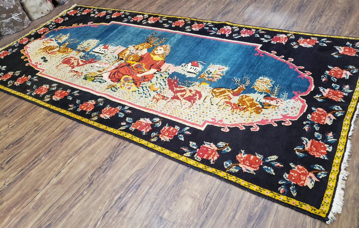 Antique Persian Pictorial Rug 4'6" x 9', Wool Hand-Knotted Blue Roses Karabagh Caucasian Carpet, 1920s Girl Deer Tapestry Wall Hanging Rug - Nuvé