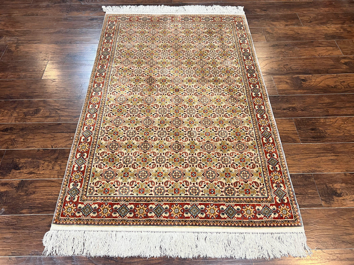 Turkish Kayseri Silk Rug 4x6, Hand Knotted Handmade Vintage Allover Pattern, Fine Silk Oriental Carpet 4 x 6 ft, Traditional Rug, Cream - Nuvé
