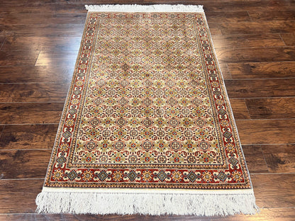 Turkish Kayseri Silk Rug 4x6, Hand Knotted Handmade Vintage Allover Pattern, Fine Silk Oriental Carpet 4 x 6 ft, Traditional Rug, Cream - Nuvé