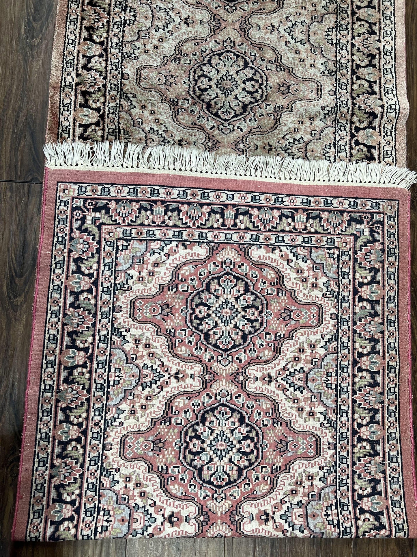 Silk Kashmiri Runner 2.7 x 10 ft Vintage Rug, Ivory Pastel Pink, Hand-Knotted Vintage Runner, Hallway Carpet, Indian Rug Medallion Runner - Nuvé