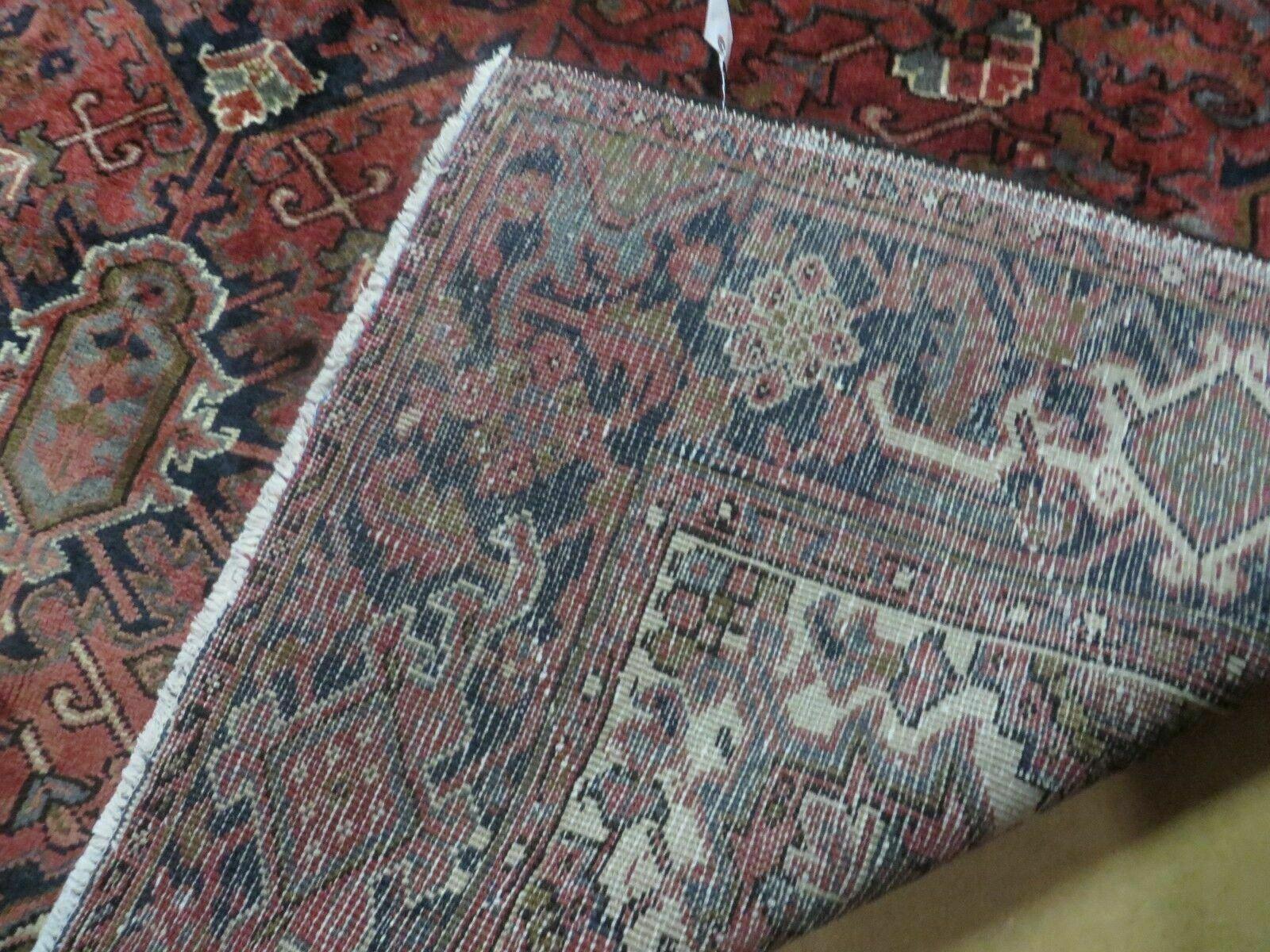 Persian Rug 8x11 Room Sized Heriz Carpet, Hand Knotted Wool Rug, Vintage Semi Antique, Geometric Medallion, Wine Red Cream Dark Blue, Wow - Nuvé