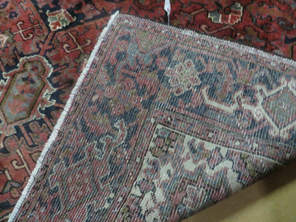 Persian Rug 8x11 Room Sized Heriz Carpet, Hand Knotted Wool Rug, Vintage Semi Antique, Geometric Medallion, Wine Red Cream Dark Blue, Wow - Nuvé