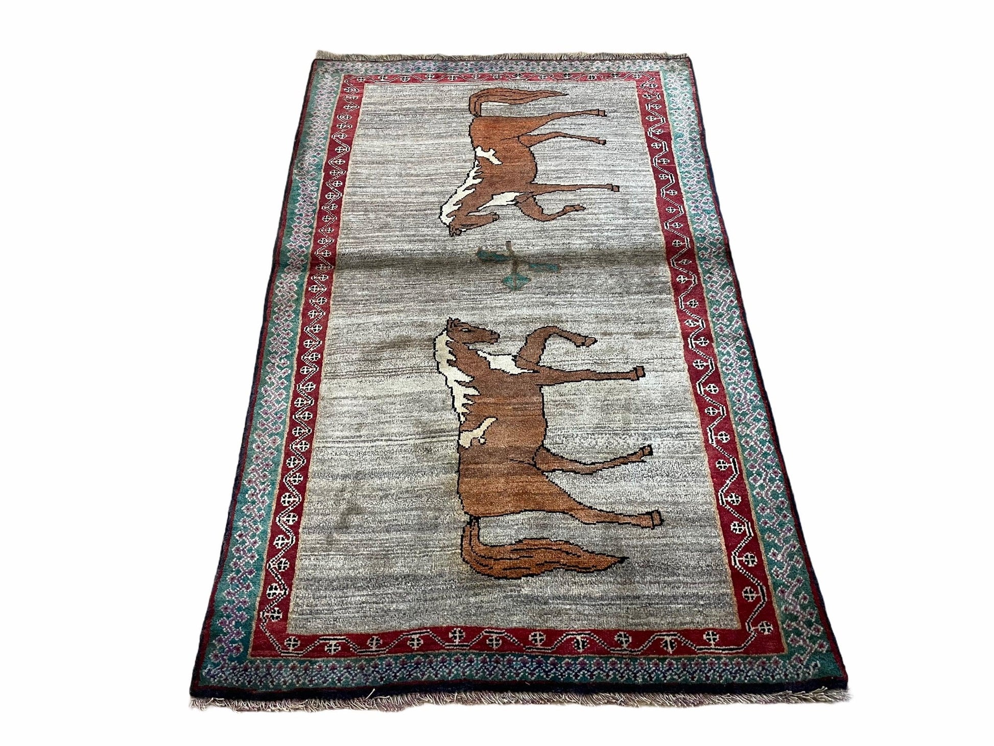 4 X 6 Handmade Rug Zagros New Vintage Quality Wool Rug Horses Silver Brown Nice - Nuvé