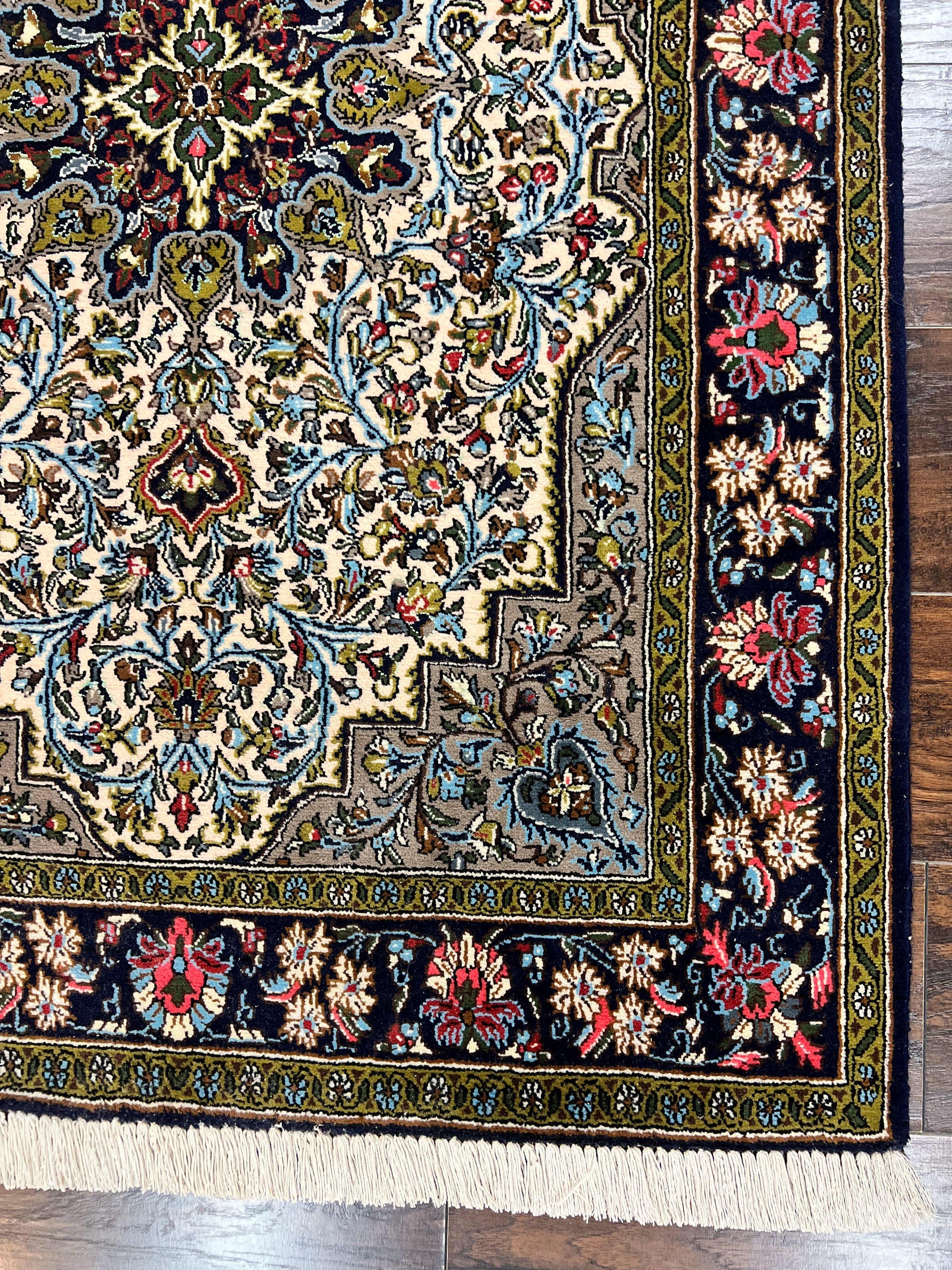 Persian Qum Rug 3x5, Wool with Silk Highlights, Handmade Semi Antique Carpet, Ivory & Navy Blue, Floral Medallion, Finely Hand Knotted - Nuvé