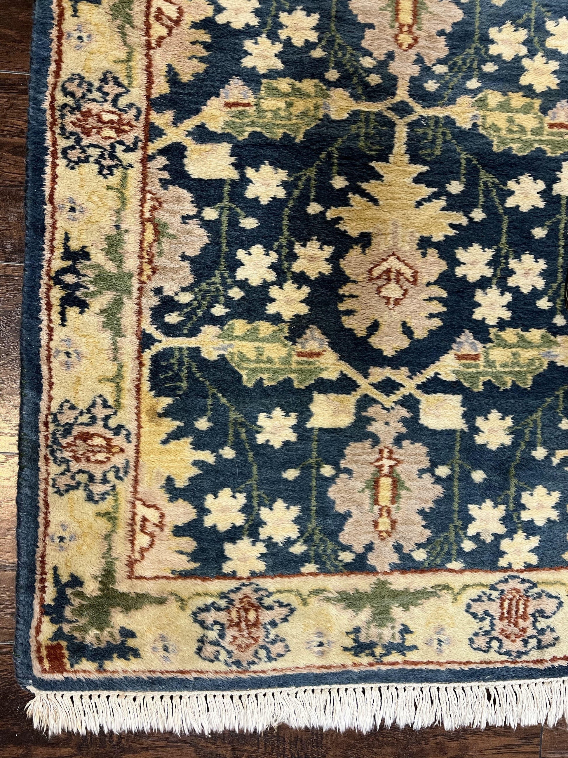 Indian Runner Rug 2.6 x 12, Navy Blue Beige Oriental Runner Rug 12ft Long, Narrow Hallway Runner, Wool Hand Knotted Indo Persian Mahal Rug - Nuvé
