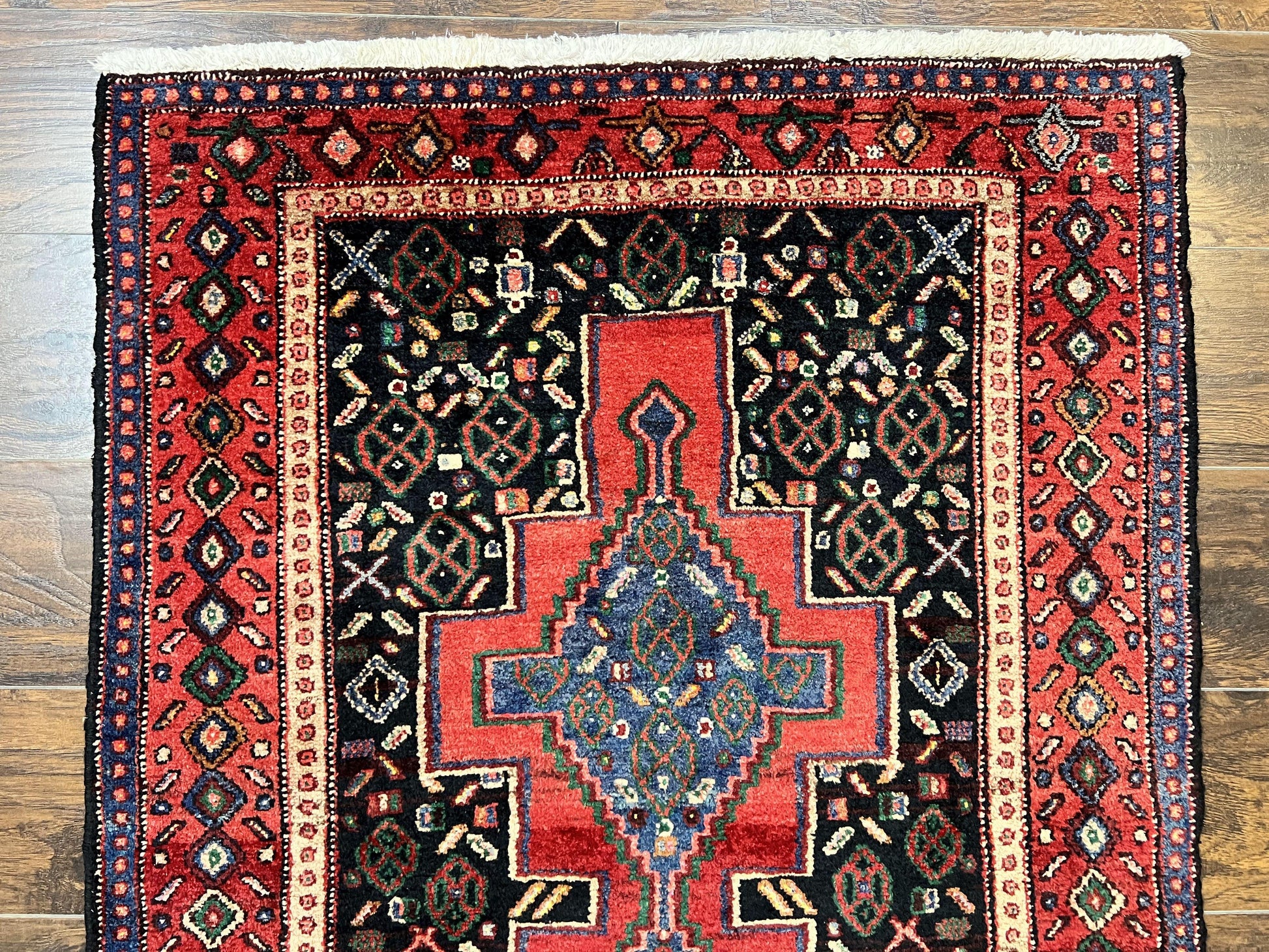 Persian Kurdish Senneh Runner Rug 3x9, Red Navy Blue, Medallions Wool Tribal Runner for Kitchen/Hallway 9ft Antique Handmade Oriental Runner - Nuvé
