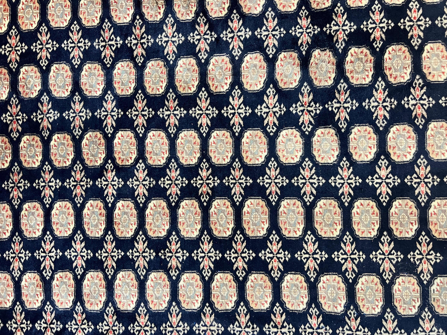 Pakistani Bokhara Rug 8x10, Turkoman Carpet, Dark Blue and Beige, Vintage Handmade Wool Carpet - Nuvé