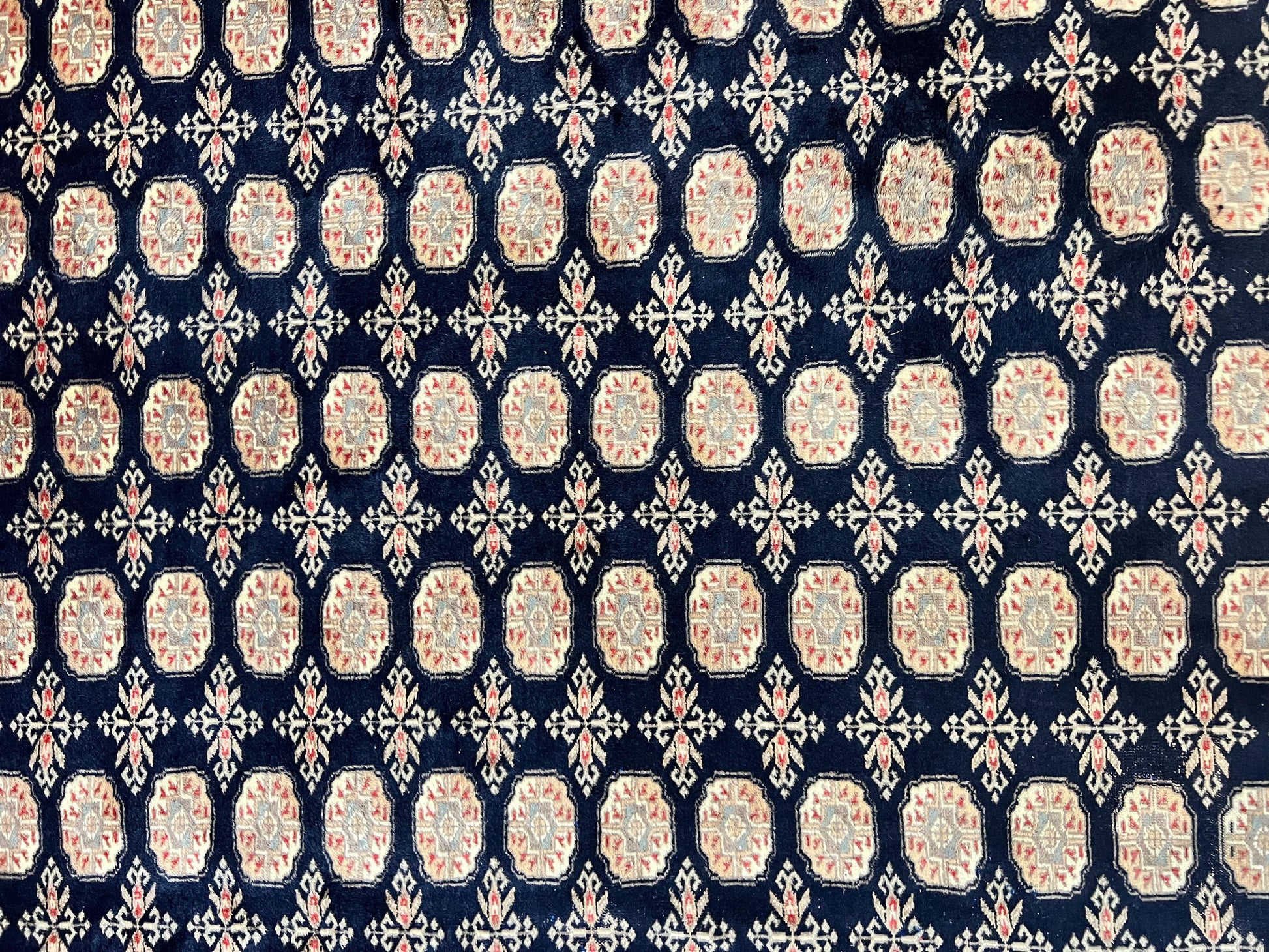 Pakistani Bokhara Rug 8x10, Turkoman Carpet, Dark Blue and Beige, Vintage Handmade Wool Carpet - Nuvé