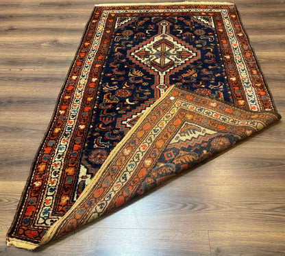 Antique Persian Hamadan Rug 4x6, Geometric, Double Medallions, Navy Blue, Tribal Carpet - Nuvé