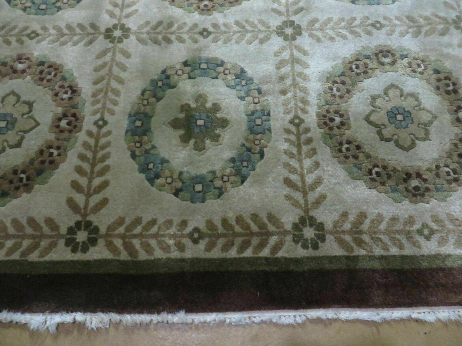 9' X 12' Modern Handmade Indo Lahore Wool Rug Art Deco Olive Ivory Nice Wow - Nuvé