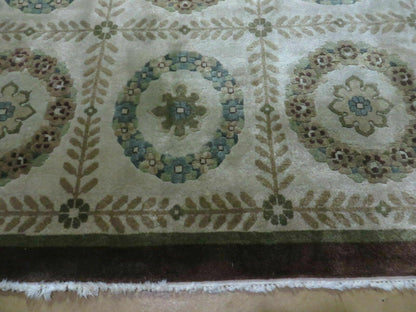 9' X 12' Modern Handmade Indo Lahore Wool Rug Art Deco Olive Ivory Nice Wow - Nuvé