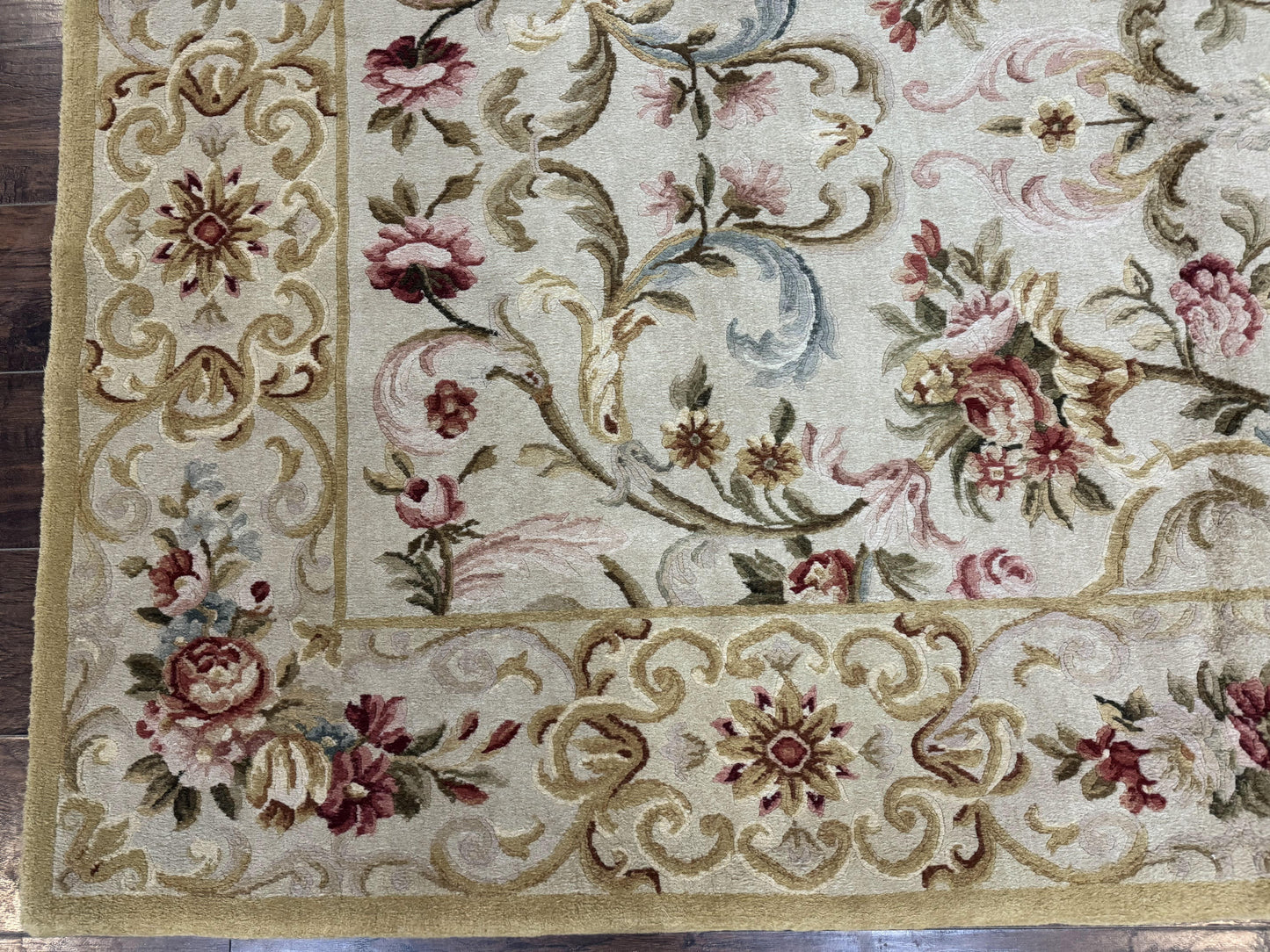 Aubusson Rug 8x10, French European Design, Vintage Handmade Wool Carpet, Aubusson Rug with Pile, Floral - Nuvé