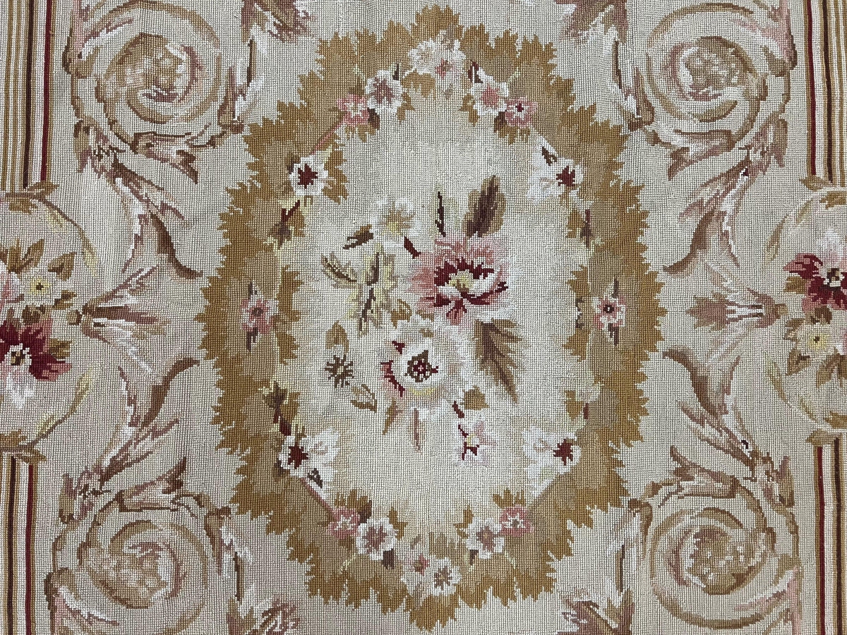 Aubusson Needlepoint Rug 4x5 ft, Beige and Tan, Aubusson Savonnerie Vintage Carpet, Handwoven Handmade Wool Rug, European Design Floral Rose