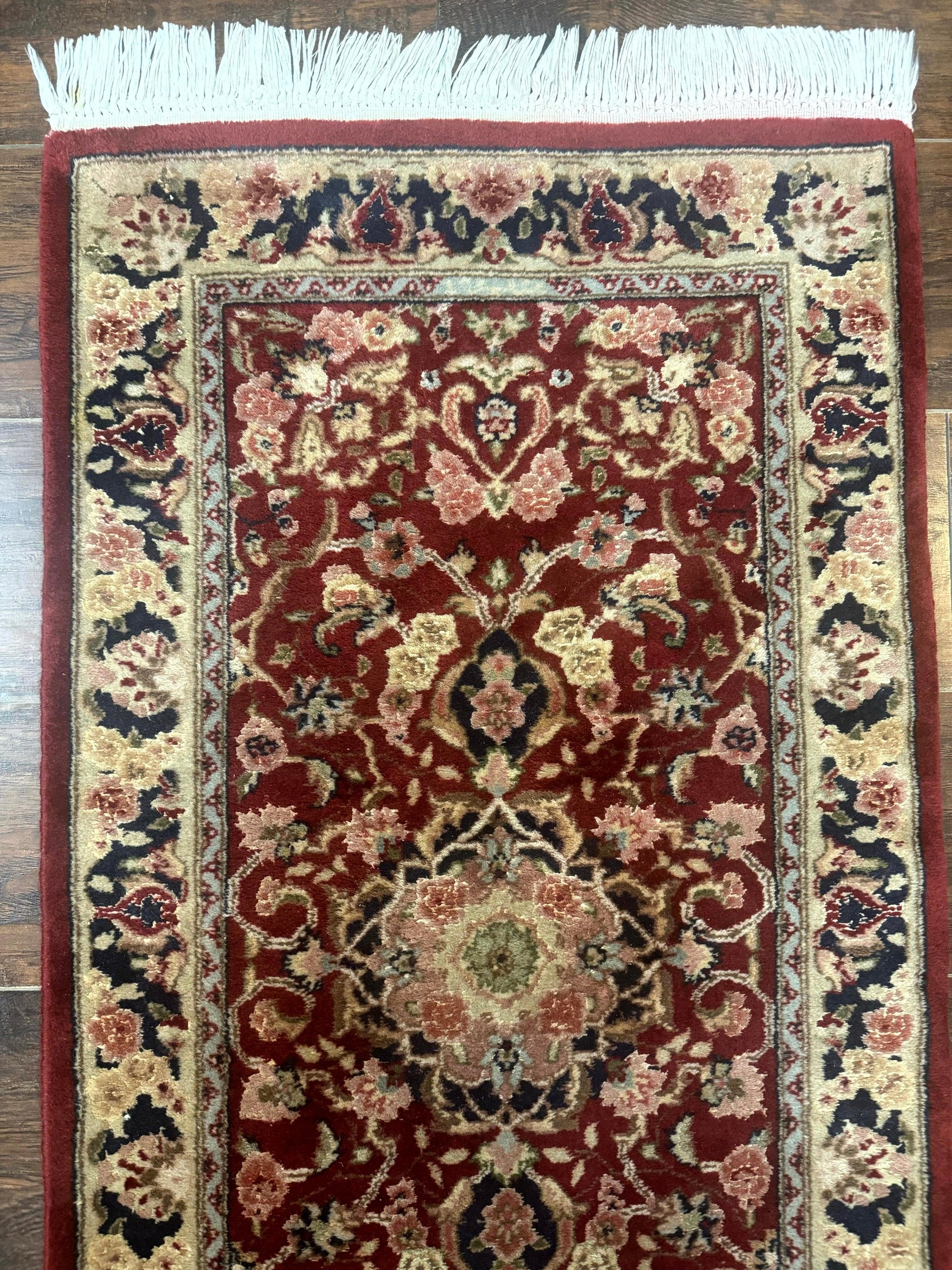 Short Runner Rug 2x6, Fine 200 KPSI, Red Floral Medallion, Wool and Silk Highlights, Persian Runner Rug, Traditional, Sino Persian - Nuvé