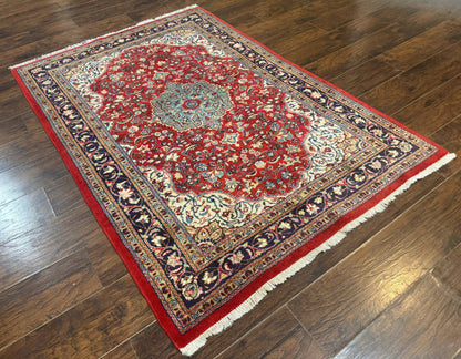 Persian Sarouk Rug 4x7, Red Navy Blue Vintage Wool Medallion Carpet - Nuvé