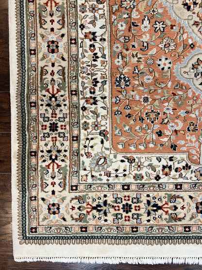 Indo Persian Rug 6x9, Wool Hand Knotted Vintage Carpet, Salmon & Ivory, Traditional Oriental Rug 6 x 9 - Nuvé
