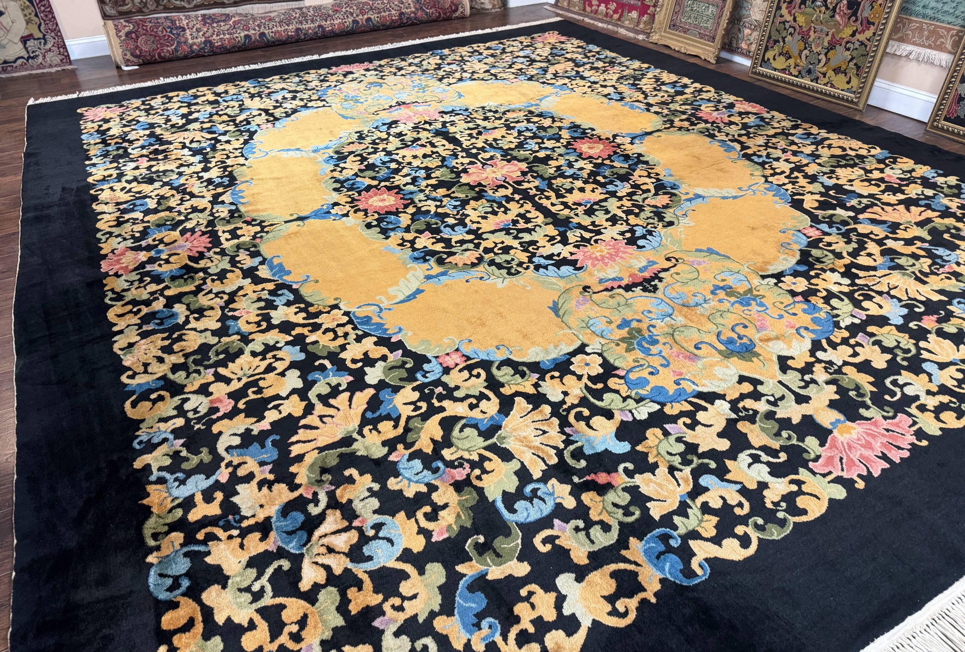 Antique Chinese Peking Rug 12.6 x 14.9, Palace Size Asian Oriental Carpet, Art Deco Rug, Rare - Nuvé