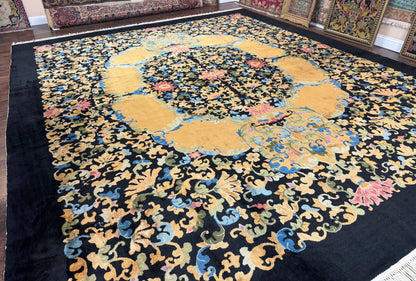 Antique Chinese Peking Rug 12.6 x 14.9, Palace Size Asian Oriental Carpet, Art Deco Rug, Rare - Nuvé