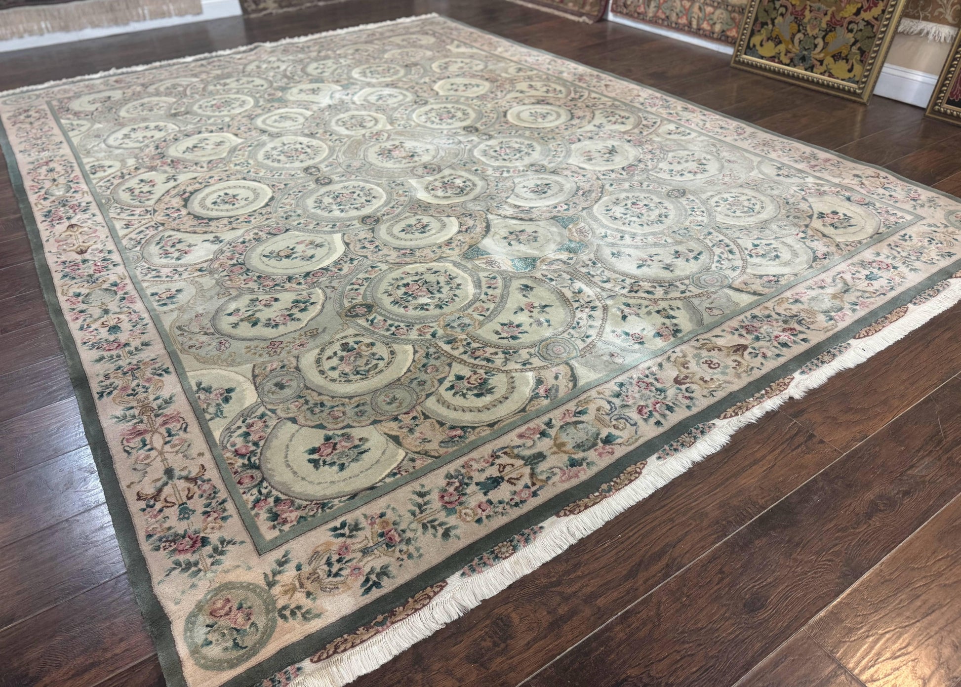 Pak Persian Rug 9x12, Wool with Silk Highlights, European Design, Floral, Green - Nuvé