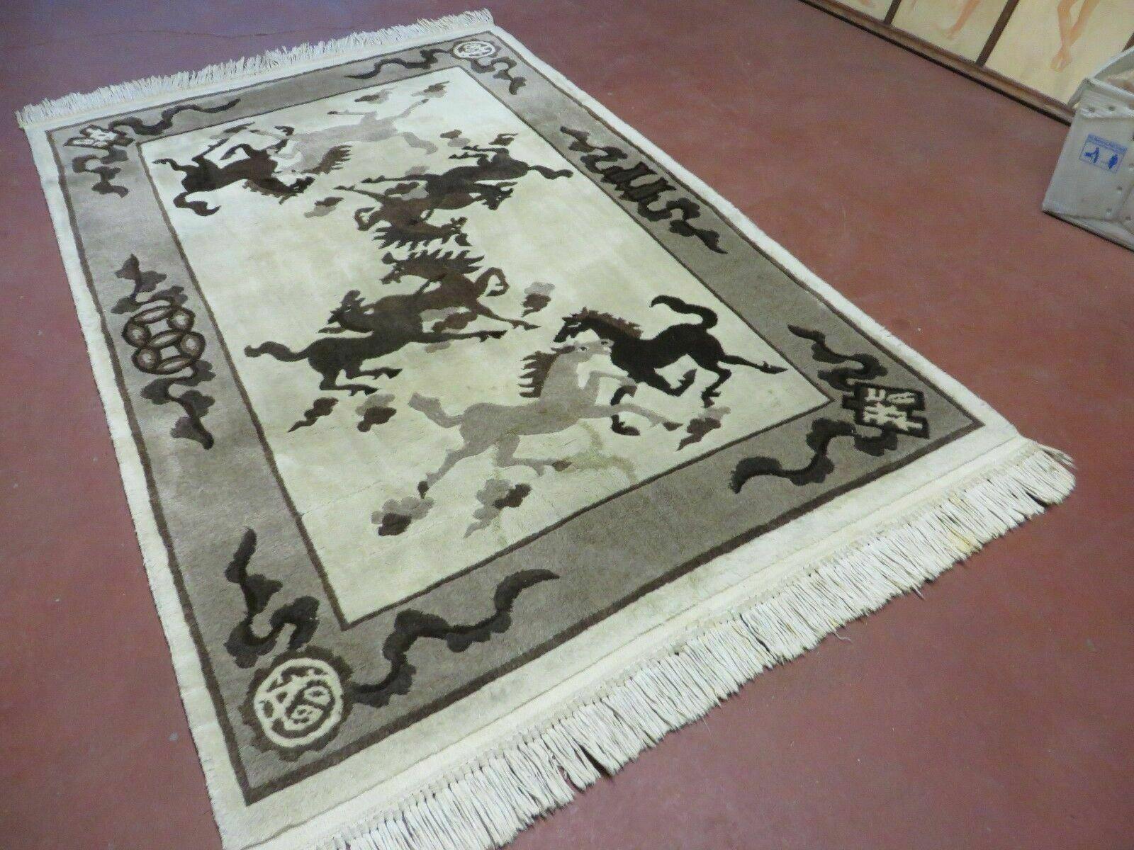 4' X 6' Modern Tibetan Nepal Art Deco Chinese Hand Knotted Wool Rug Horses Nice - Nuvé
