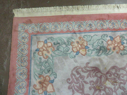 9' X 12' Vintage Handmade Chinese Carving Sculpture Wool Rug Flower Design Pink Carpet