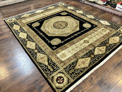 Tibetan Rug 8x10, Nepali Area Rug, Soft New Zealand Wool Carpet 8 x 10 ft, Black Tan Beige, Vintage Handmade Rug, French Aubusson Pattern - Nuvé