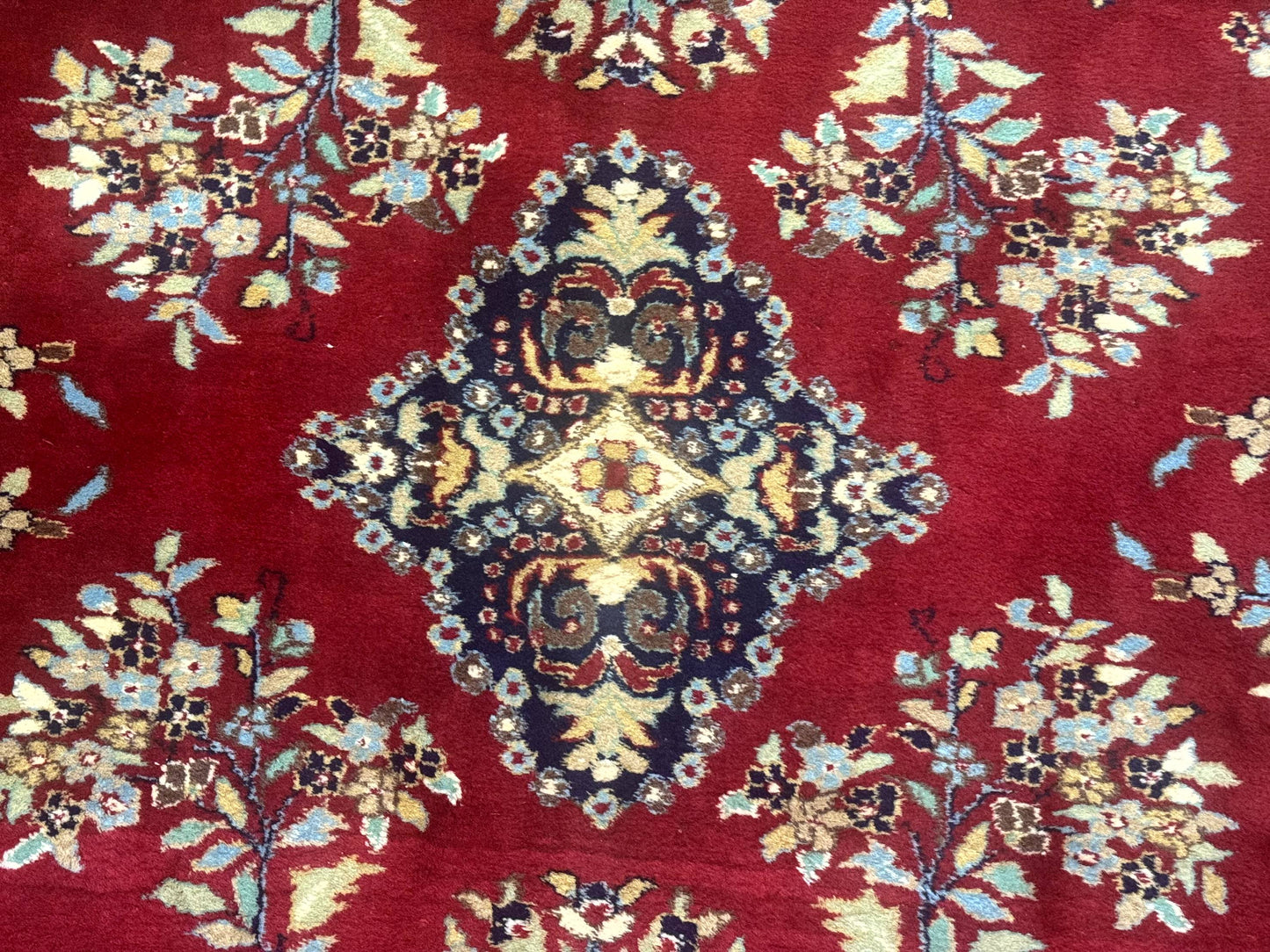 Indo Persian Sarouk Rug 10x14, Large Red and Navy Blue Carpet, Traditional Floral Wool Rug - Nuvé