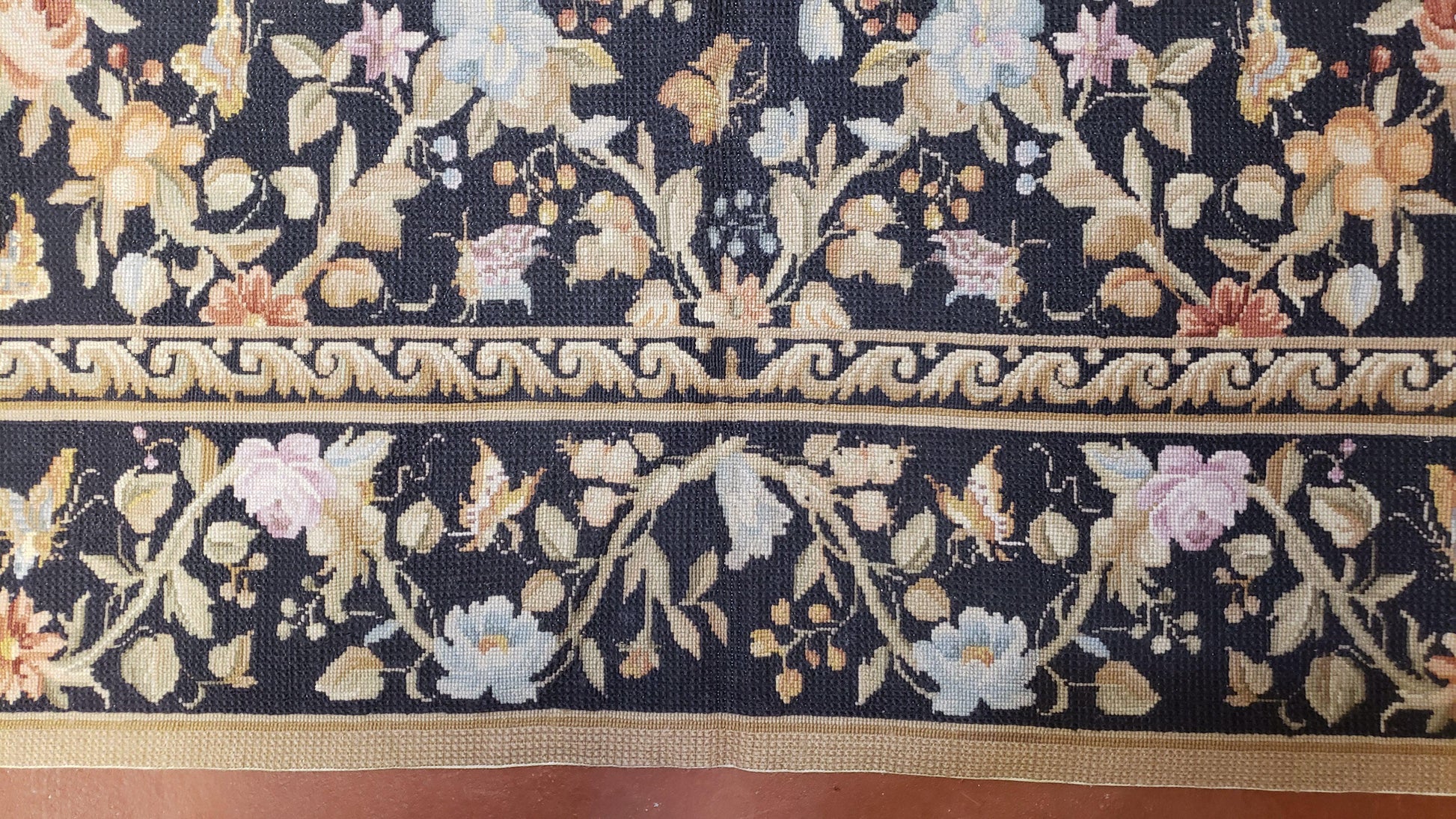 6x9 Vintage Needlepoint Rug Petitepoint Carpet Butterflies Floral Design Dark Brown & Tan 6 x 9 Handmade Flatweave Area Rug - Nuvé