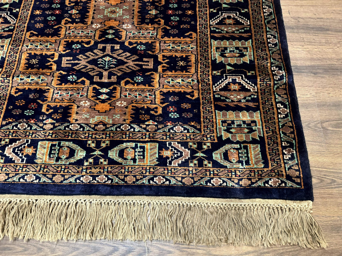 Vintage Afghan Rug 4x6, Navy Blue and Light Brown, Geometric Medallions, Wool on Wool, Tribal Rug - Nuvé