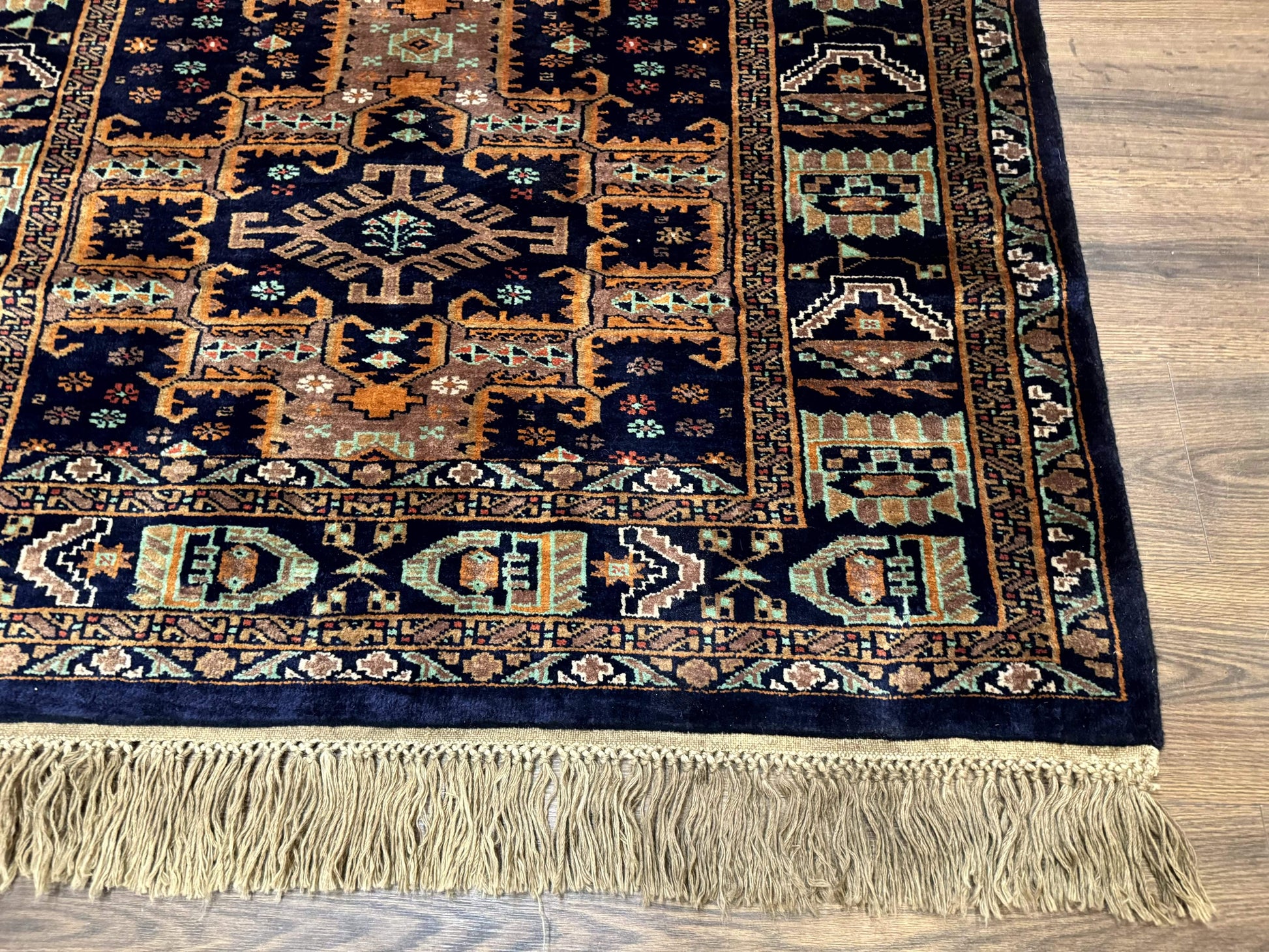 Vintage Afghan Rug 4x6, Navy Blue and Light Brown, Geometric Medallions, Wool on Wool, Tribal Rug - Nuvé