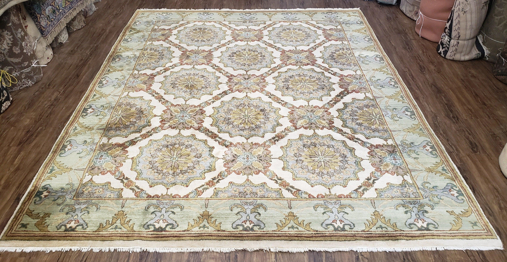 Indo Sultanabad Area Rug 8 x 9.5, Wool Hand-Knotted Ivory Green Teal Decorative Rug, Floral Panel Carpet, Indian Rug, 8 x 10 Bedroom Rug - Nuvé