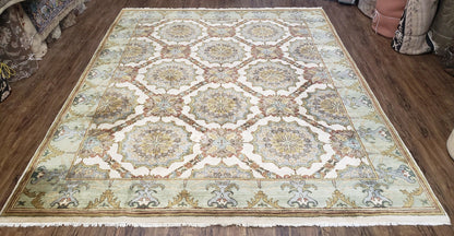 Indo Sultanabad Area Rug 8 x 9.5, Wool Hand-Knotted Ivory Green Teal Decorative Rug, Floral Panel Carpet, Indian Rug, 8 x 10 Bedroom Rug - Nuvé