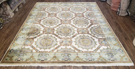 Indo Sultanabad Area Rug 8 x 9.5, Wool Hand-Knotted Ivory Green Teal Decorative Rug, Floral Panel Carpet, Indian Rug, 8 x 10 Bedroom Rug - Nuvé