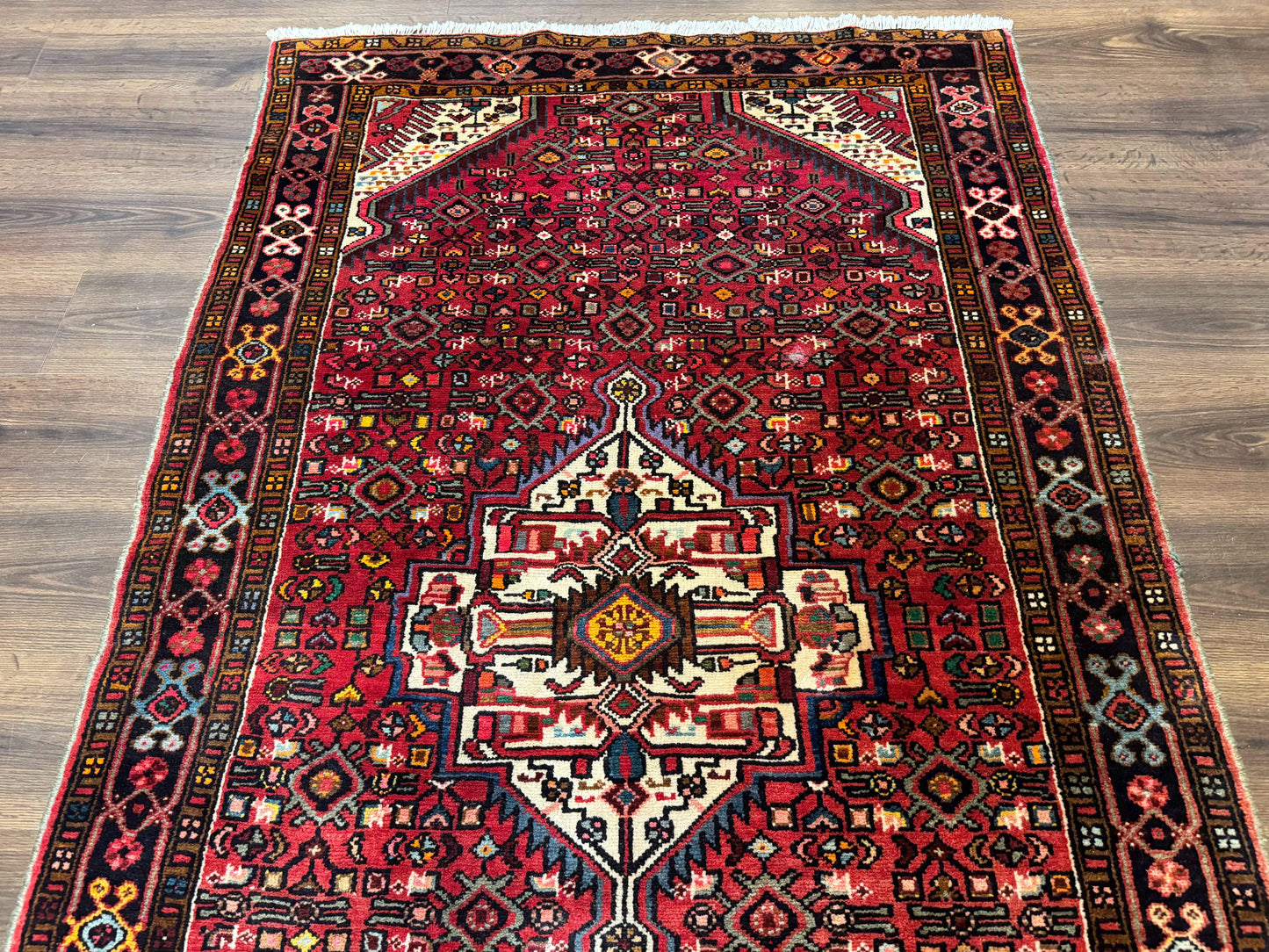 Persian Hamadan Rug 4x7, Tribal Village Malayer Carpet, Red and Ivory, Bohemian Antique - Nuvé