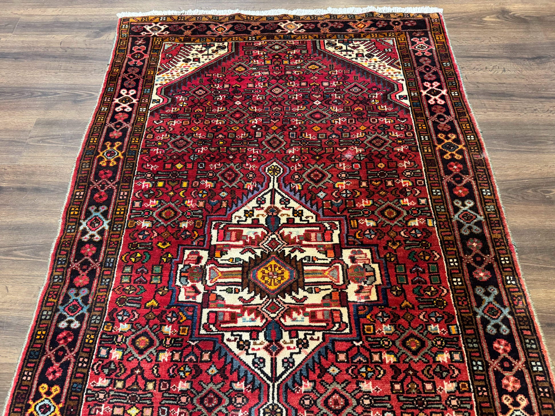 Persian Hamadan Rug 4x7, Tribal Village Malayer Carpet, Red and Ivory, Bohemian Antique - Nuvé