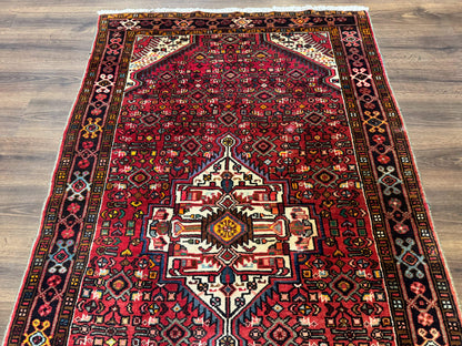 Persian Hamadan Rug 4x7, Tribal Village Malayer Carpet, Red and Ivory, Bohemian Antique - Nuvé