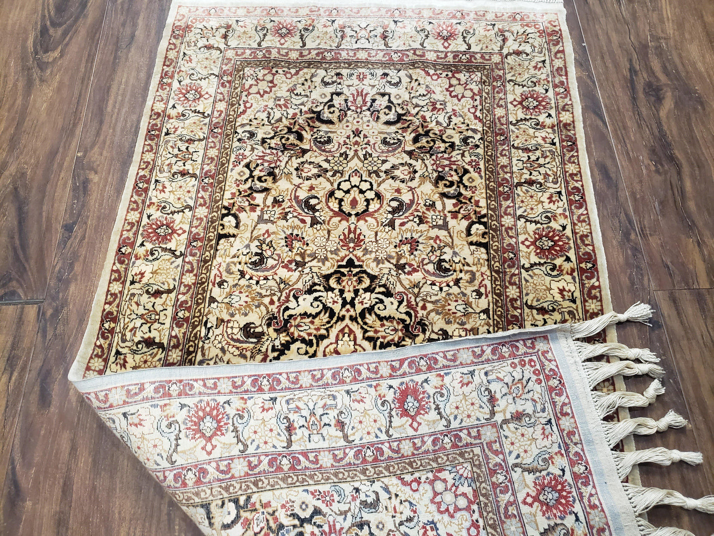 Silk Oriental Rug 1' 7" x 3', Very Fine Silk Carpet, Small Silk Rug, Traditional Floral Medallion, Hand-Knotted Cream Beige Vintage Silk Rug - Nuvé