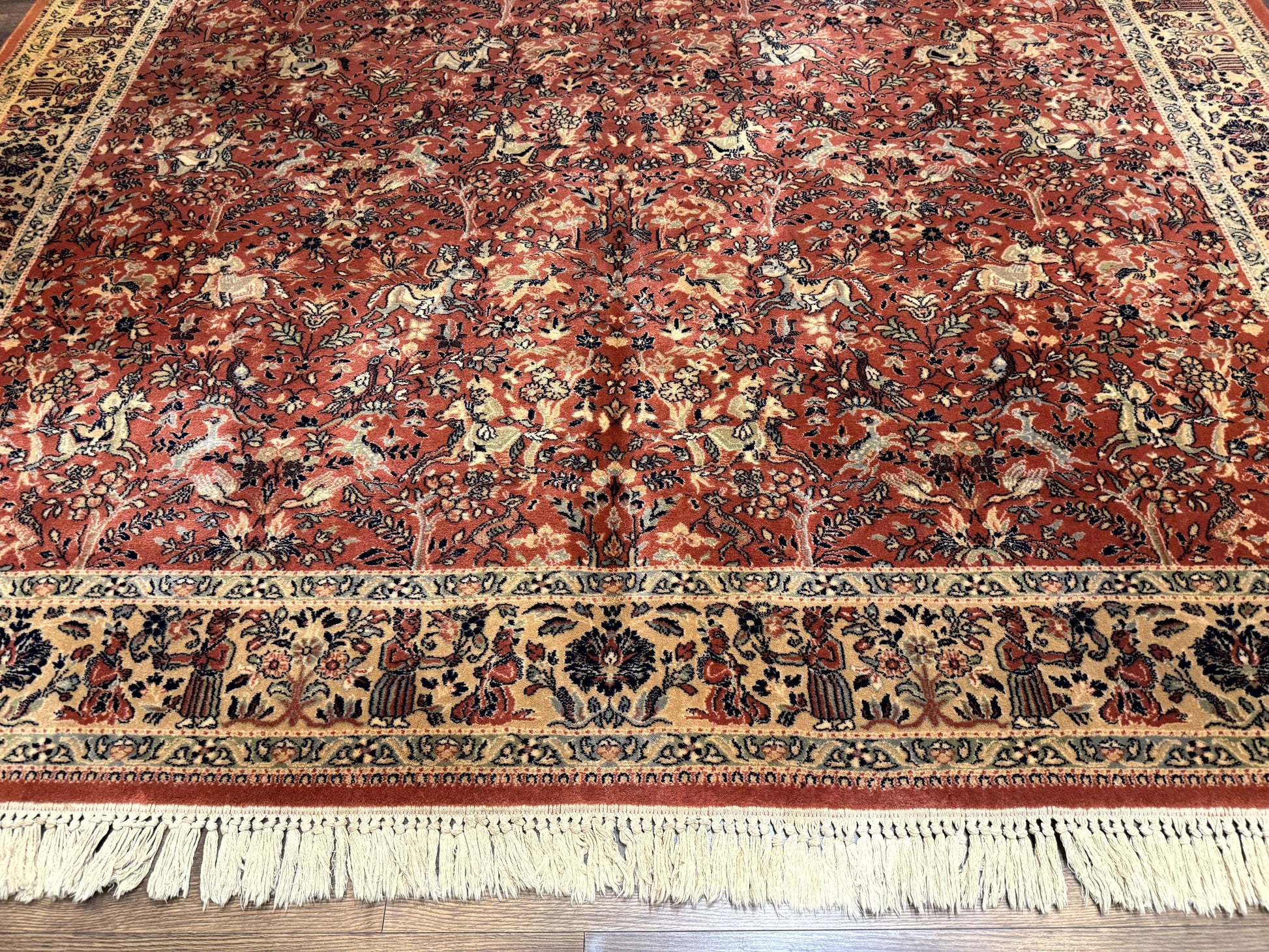 Persian Area Rug 8 x 11.6, Wool, Royal Hunting Scene, Vintage Couristan Rug, Red, Allover Pattern, Belgium Power Loomed - Nuvé